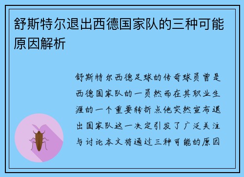 舒斯特尔退出西德国家队的三种可能原因解析 舒斯特尔退出西德国家队的三种可能原因解析